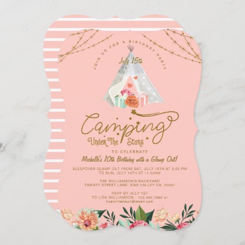 Camping Under the Stars Tepee Pink  Gold Camping Invitation