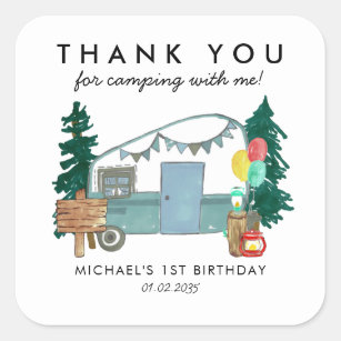 Camping Van Trees Kids Birthday Thank You Favor Square Sticker