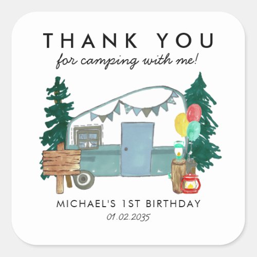 Camping Van Trees Kids Birthday Thank You Favor Square Sticker