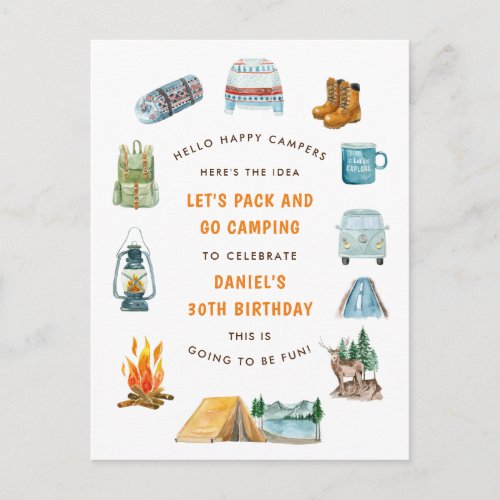 Camping Watercolor Campout Outdoors Birthday Invitation Postcard