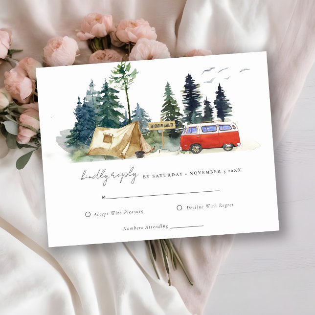 Camping Watercolor Pine Forest Wedding Details RSVP Card (Creator Uploaded)
