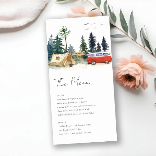 Camping Watercolor Pine Forest Wedding Menu Card