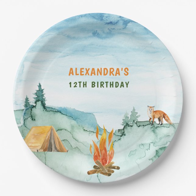 Camping Woodland Watercolor Tent Campout Birthday Paper Plates (Front)