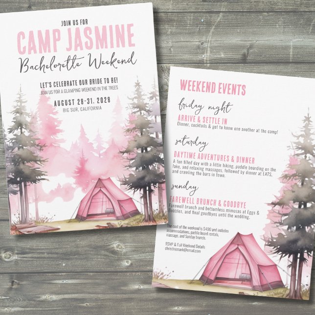 Campy Pink Camping Bachelorette Party Invitation (Pink Girls Weekend Camp Bachelorette Party Invitation)
