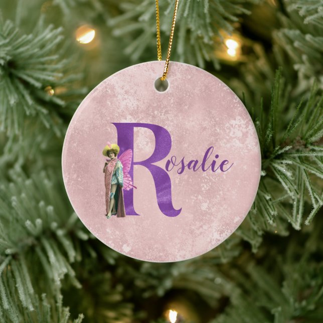 Campy Purple Shimmer Fairy Letter R Personalized   Ceramic Ornament (Tree)