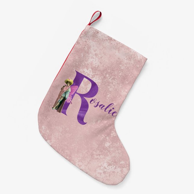 Campy Purple Shimmer Fairy Letter R Personalized Small Christmas Stocking (Front (Hanging))