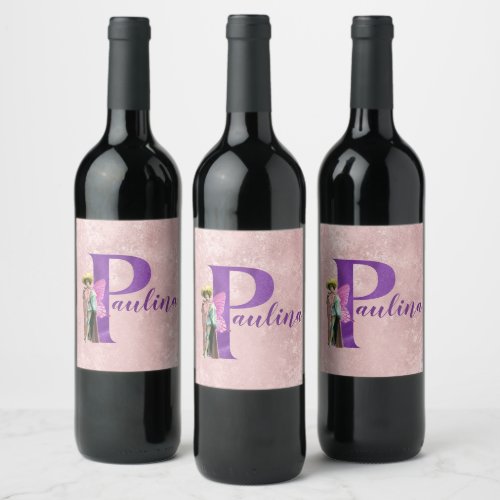 Campy Purple Shimmer Illustrated Letter P   Wine Label
