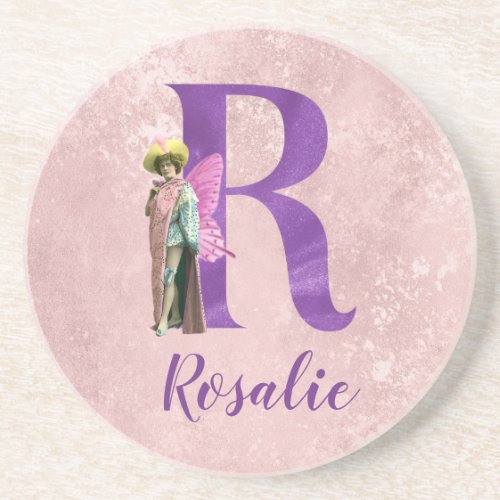 Campy Purple Shimmer Illustrated Letter R  Coaster
