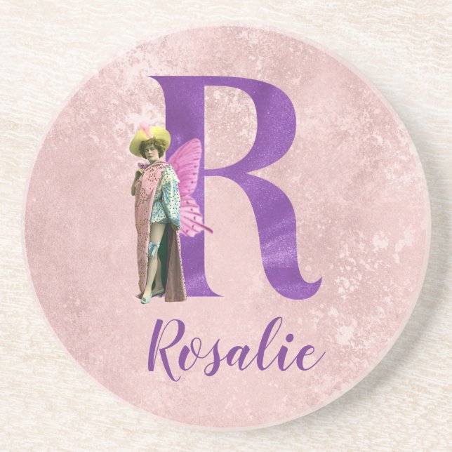 Campy Purple Shimmer Illustrated Letter R  Coaster (Front)