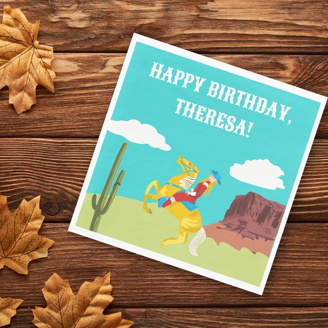 Campy Western Cowgirl on Horse Custom Birthday Napkins (Creator Uploaded)