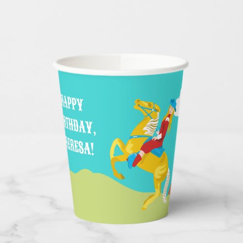 Campy Western Cowgirl on Horse Custom Birthday Paper Cups