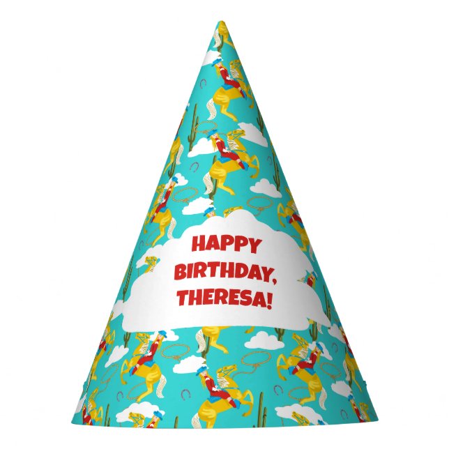 Campy Western Cowgirl on Horse Custom Birthday Party Hat (Front)