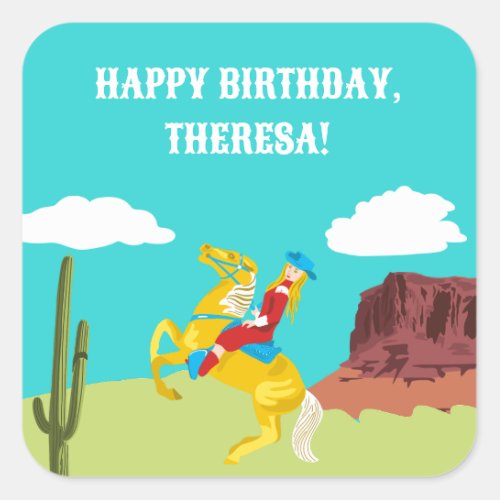 Campy Western Cowgirl on Horse Custom Birthday Square Sticker