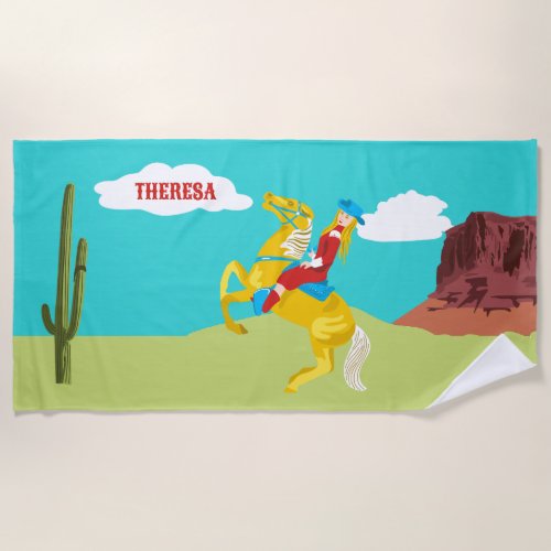 Campy Western Cowgirl on Horse Personalized Beach Towel