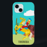 Campy Western Cowgirl on Horse Personalized iPhone 15 Case<br><div class="desc">Show off your inner cowgirl with this illustrated phone case. A campy illustration depicts a vintage western scene with a cowgirl on a horse in bright colors. This case is ready to be personalized with a name at the bottom.</div>