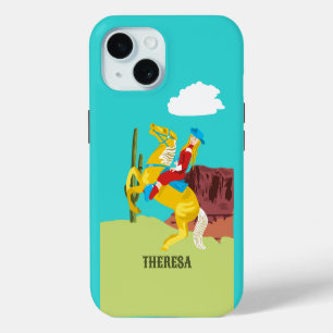 Campy Western Cowgirl on Horse Personalized iPhone 15 Case