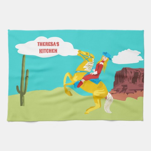 Campy Western Cowgirl on Horse Personalized Kitchen Towel