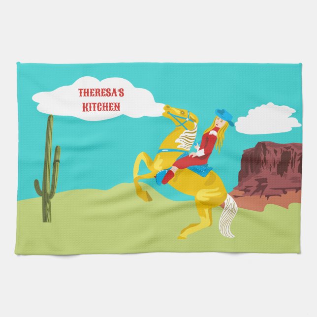 Campy Western Cowgirl on Horse Personalized Kitchen Towel (Horizontal)
