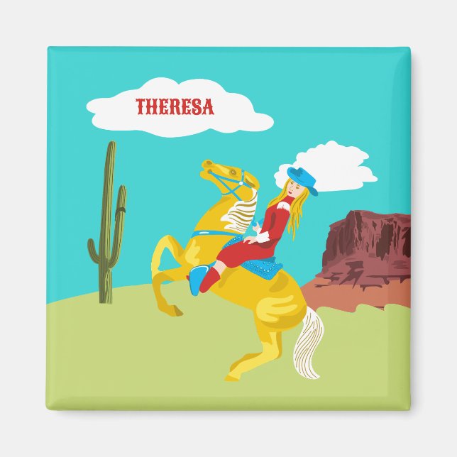 Campy Western Cowgirl on Horse Personalized Magnet (Front)