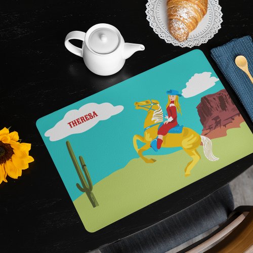 Campy Western Cowgirl on Horse Personalized Placemat