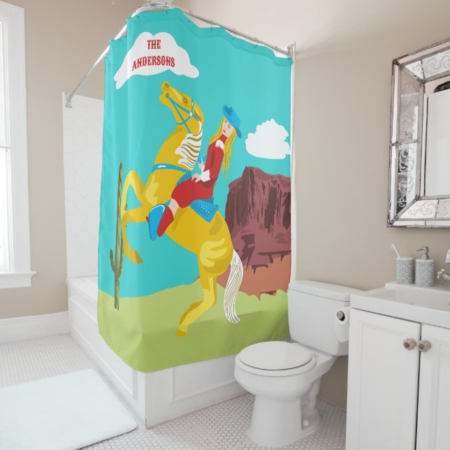 Campy Western Cowgirl on Horse Personalized Shower Curtain (In Situ)