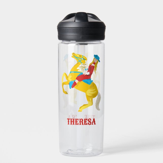 Campy Western Cowgirl on Horse Personalized Water Bottle (Front)