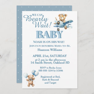 Can Bearly Wait- Cute Boy Teddy Bear in Plane Invitation