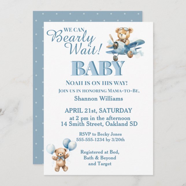 Can Bearly Wait- Cute Boy Teddy Bear in Plane Invitation (Front/Back)