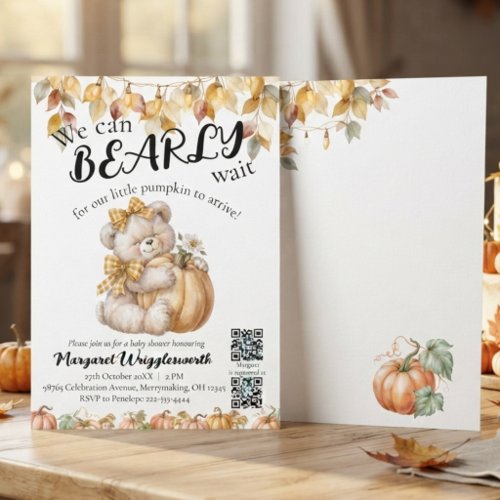 Can Bearly Wait Gender Neutral QR Code Baby Shower Invitation