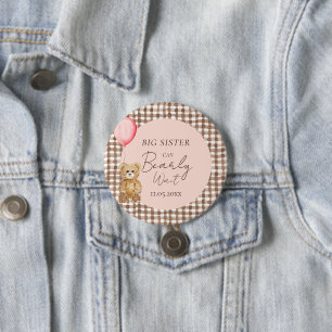 Can Bearly Wait Girl Baby Shower Big Sister Button