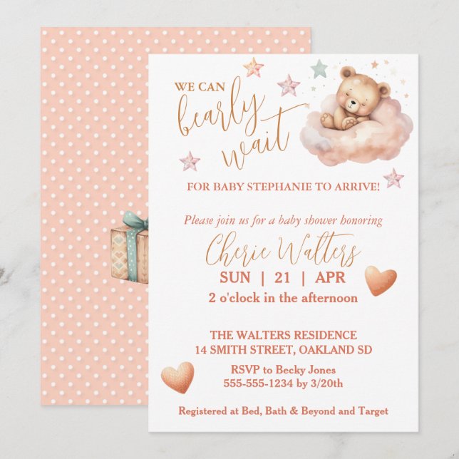 Can Bearly Wait-Girl Teddy Bear Asleep on Cloud Invitation (Front/Back)