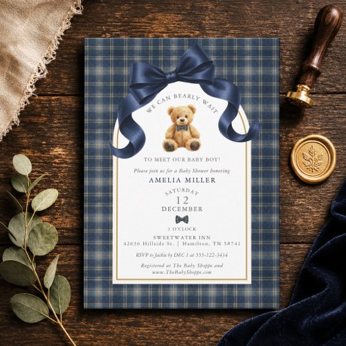 Can Bearly Wait Plaid Polo Teddy Bear Baby Shower Invitation