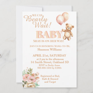 Can Bearly Wait-Sweet Girl Teddy Bear and Balloons Invitation