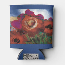 Can cooler adorned with poppies In blue