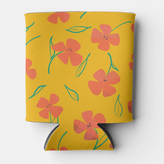 Can Cooler with Bright Red-Orange Flowers (Front)