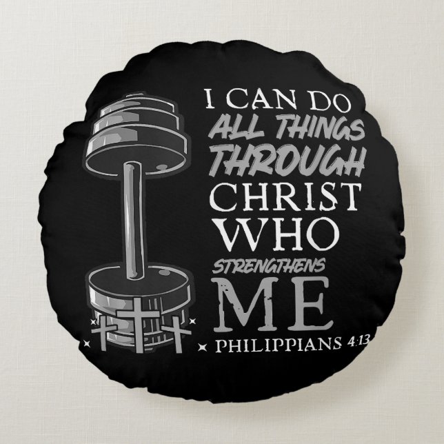 Can Do All Things Weightlifter Gym Christian Bible Round Pillow (Front)