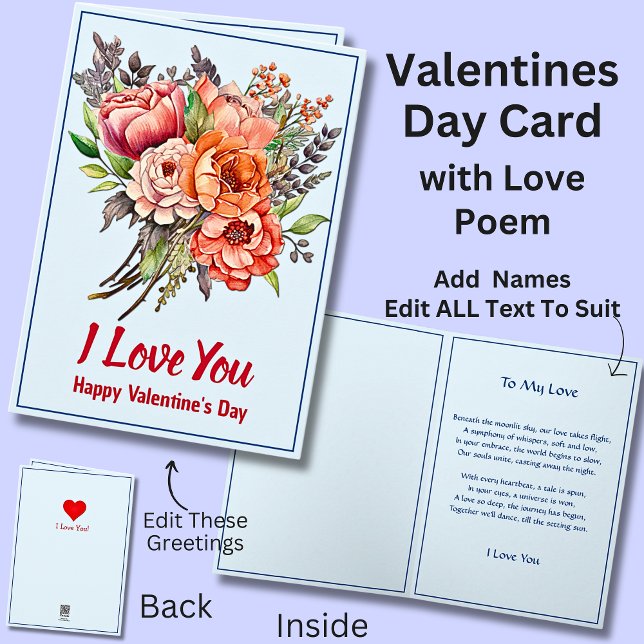 Can Edit Text, Blue Flowers & Poem Valentines Day Card (Creator Uploaded)