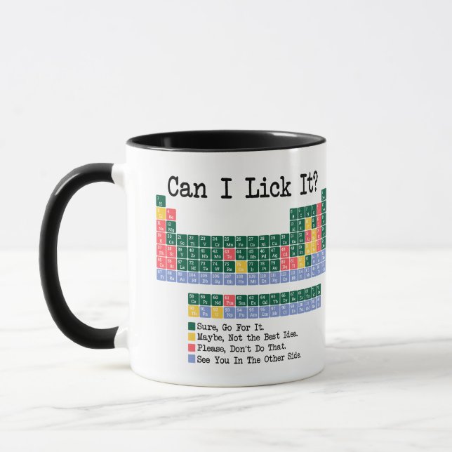 Can I Lick It Chemistry Periodic Table–Fun Science Mug (Left)