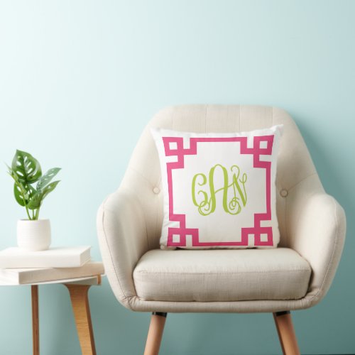 CAN Pink and Green Greek Key Script Monogram Throw Pillow