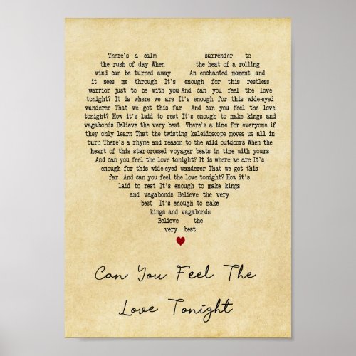 Can You Feel The Love Tonight Vintage Heart Song Poster