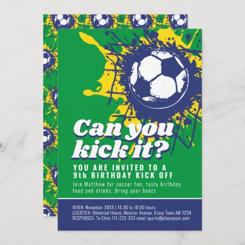 Can you kick it green soccer ball birthday party invitation