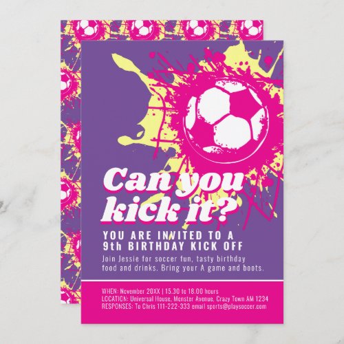Can you kick it pink soccer ball birthday party invitation