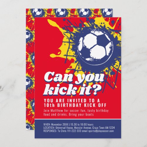 Can you kick it red soccer football birthday party invitation