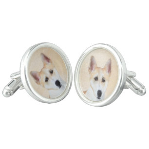 Canaan Dog Painting - Cute Original Dog Art Cufflinks