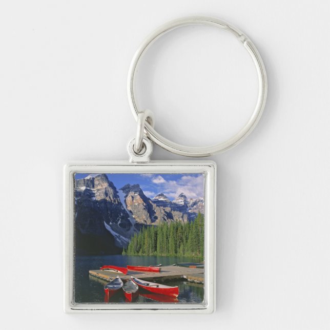 Canada, Alberta, Moraine Lake. Red canoes await Keychain (Front)
