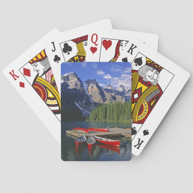 Canada, Alberta, Moraine Lake. Red canoes await Poker Cards (Back)