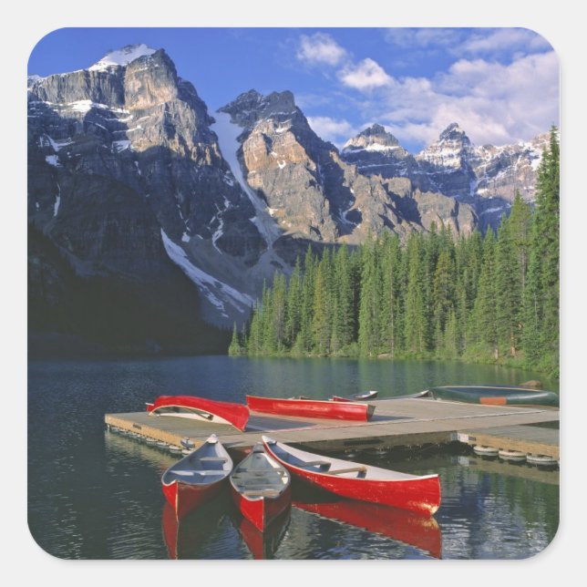 Canada, Alberta, Moraine Lake. Red canoes await Square Sticker (Front)