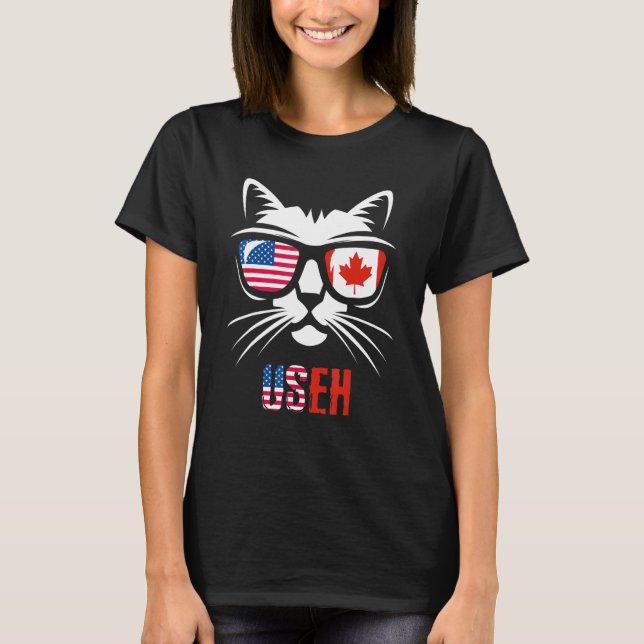 Canada American Flag Cat Us Eh T-Shirt (Front)