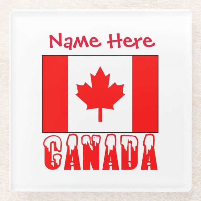 Canada and Canadian Flag Red Personalization  Glass Coaster (Front)