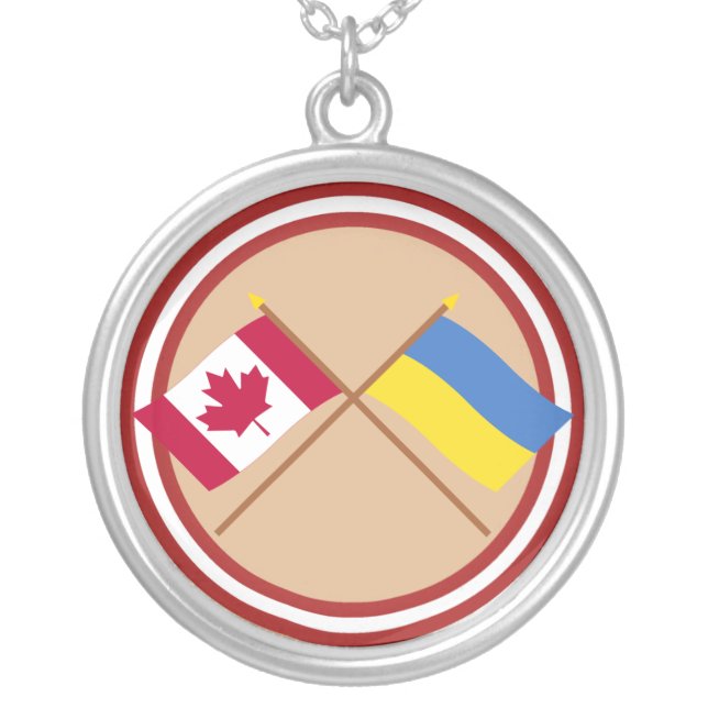 Canada and Ukraine Crossed Flags Silver Plated Necklace (Front)
